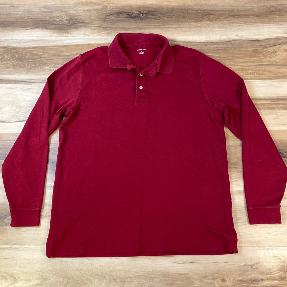 Lands'‎ End Polo Shirt Mens L Long Sleeve 100% Pima Cotton Burgundy Casual
